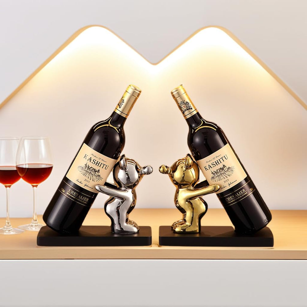 Decorative Wine Bottle Holder Stand, Gold and Silver Bear Figurines, 8.5 x 4 ...