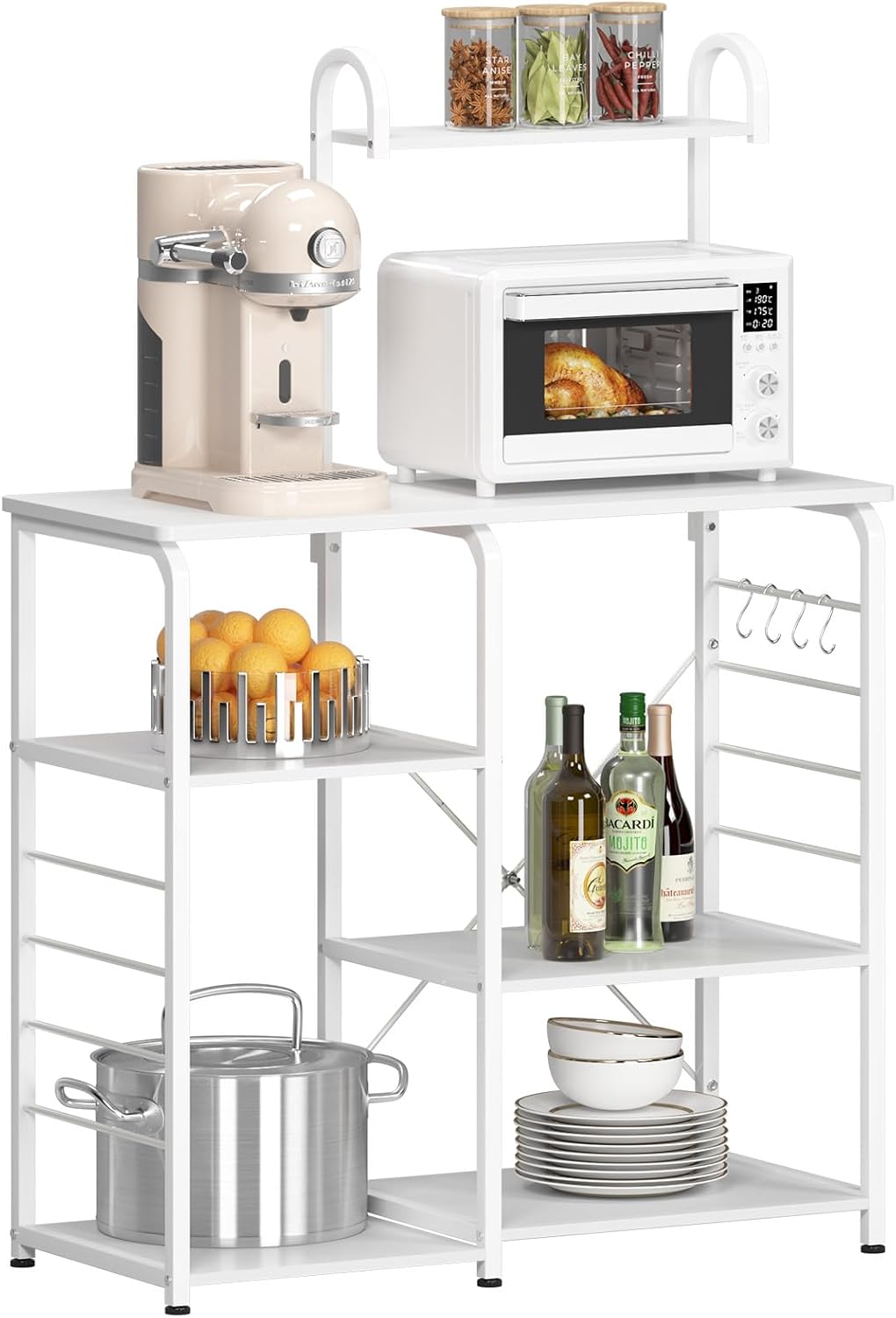 sogesfurniture Kitchen Baker's Rack, 35.4'' Utility Microwave Oven Stand, 4-Tier Capacity Utility Storage Shelf with 5 Hooks, White