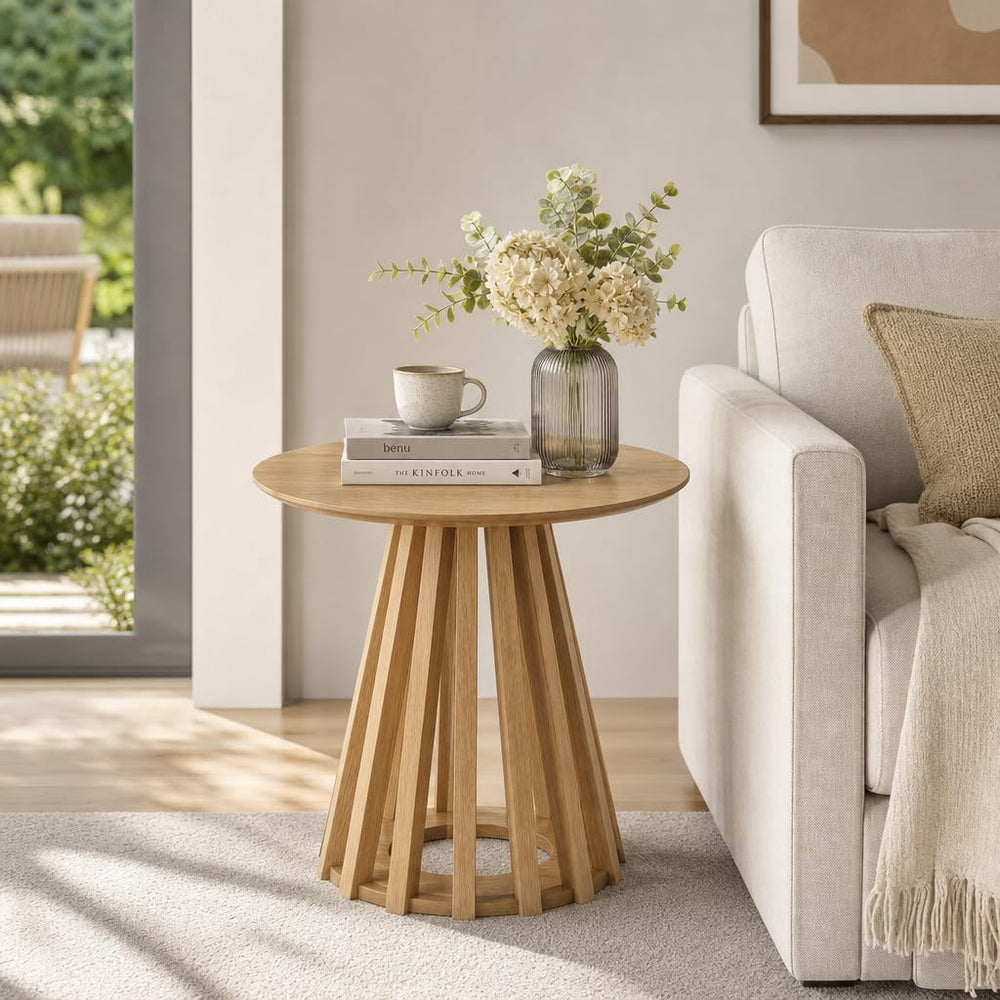 HNY Modern Round Fluted End Table, Wood Pedestal Side Table, Drum Accent Beds...