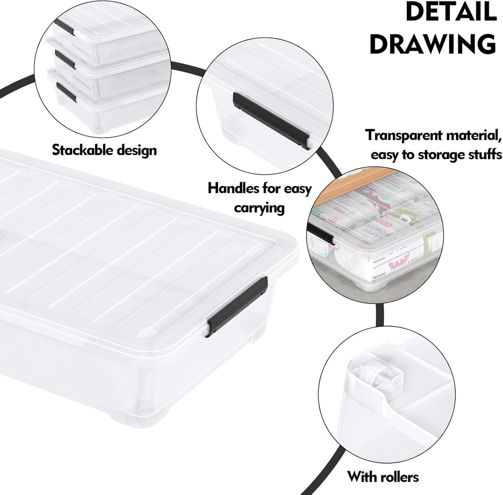 Pack of 4 Stackable Plastic Containers with Durable Latching Lids, Under Bed Storage Containers, 40 Quart