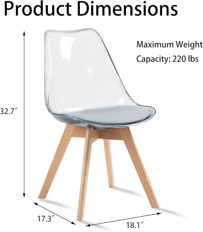 Clear Dining Chairs Set of 2, Modern Acrylic Dining Chair Transparent Chairs with PU Leather Cushions Seat & Wood Legs, Side Chairs for Dining Room Kitchen Restaurant Balcony (Grey)