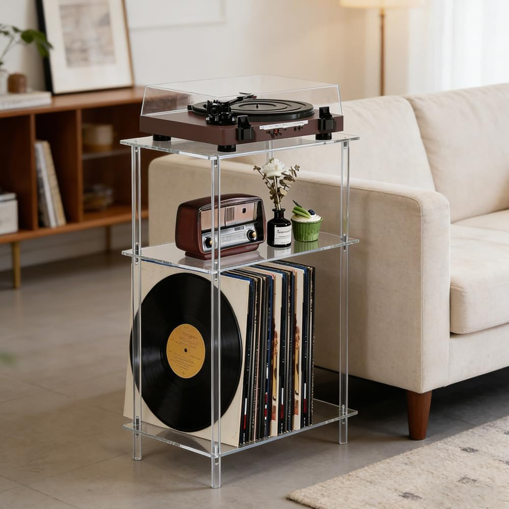DICOSMETIC Clear Acrylic Record Player Stand 3-Tier Small Side Turntable Tabl...