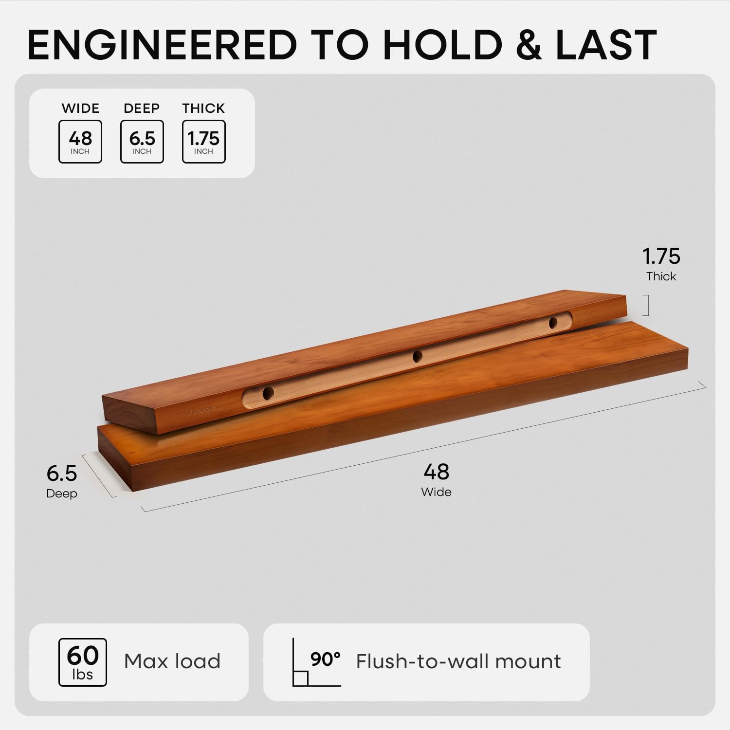 Homeforia 48 inch Oak Floating Shelf, High End Solid Real Wood 48inch Floating Shelves for Wall Mounted, Honey Oak Wooden 48in Large Floating Shelves, Heavy Duty Bracket, 48 X 6.5 X 1.75 in, Set of 3