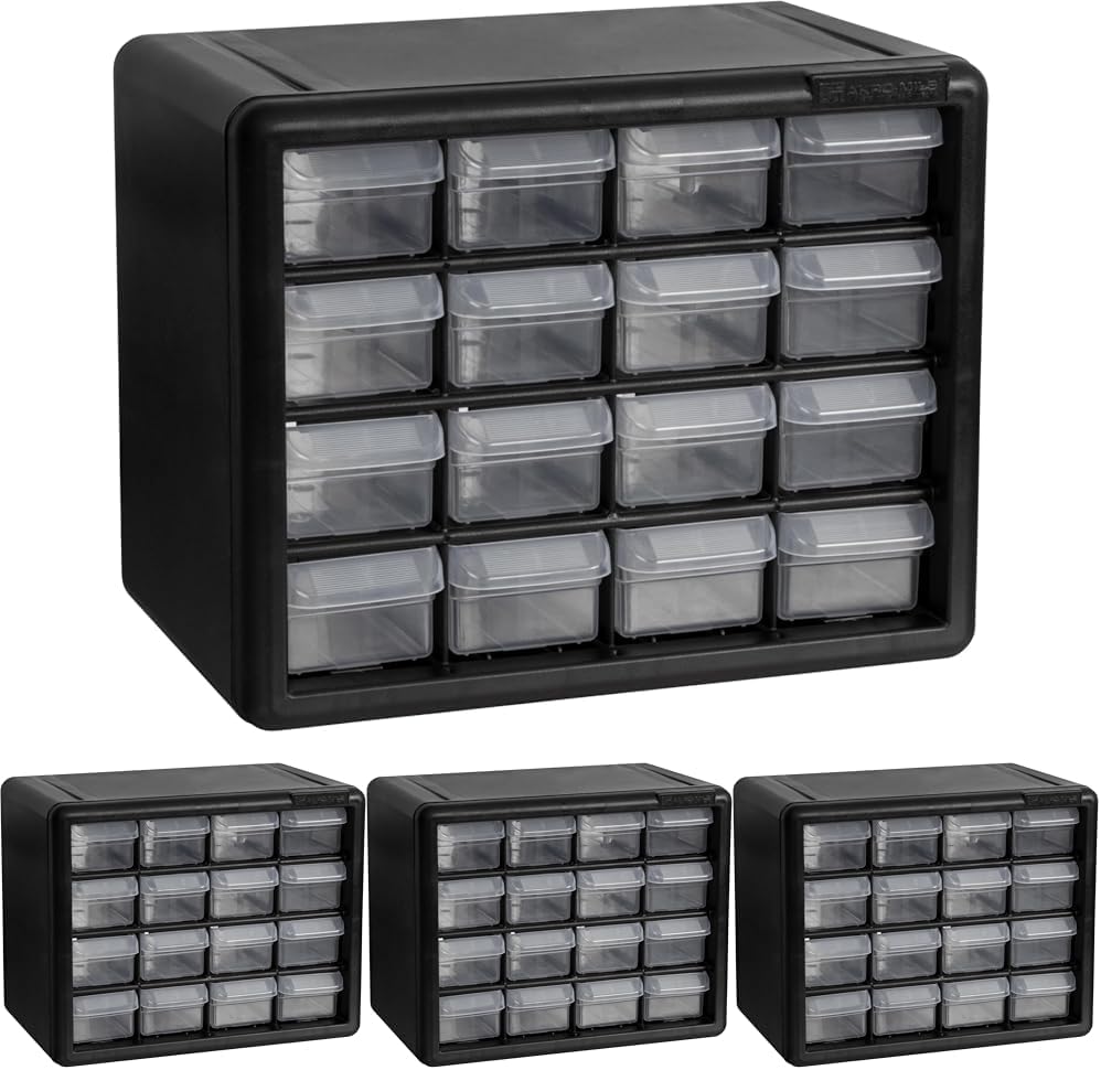 Akro-Mils 16-Drawer Plastic Cabinet for Garage Organization, Beads, Makeup Organizer, Building Bricks Storage, Teacher Toolbox, 10-1/2" W x 6-1/2" D x 8-1/2" H, 10716 Black (Pack of 4)