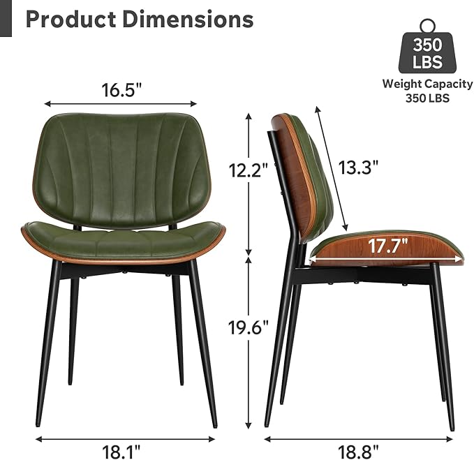 Dining Chairs Set of 4, Mid Century Modern Dining Room Chairs, Upholstered Faux Leather Kitchen Chairs with Walnut Bentwood Back and Metal Legs, Green