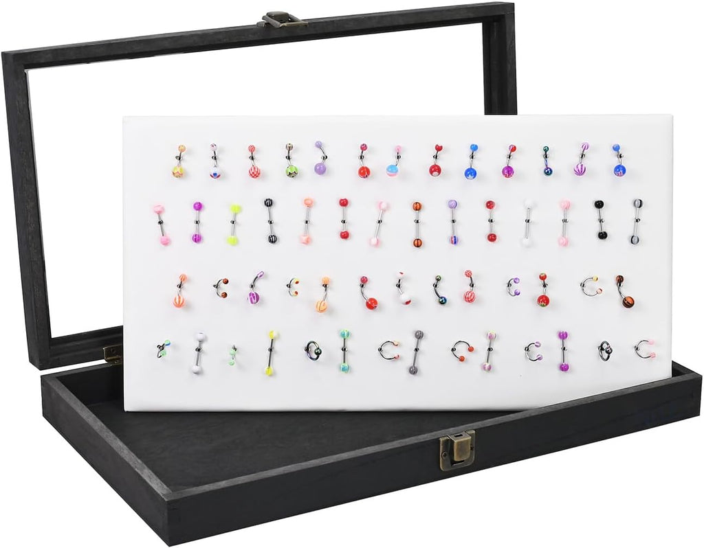 MOOCA Body Jewelry Display Tempered Glass Case with 54 Clips, Black Velvet | Jewelry display case with a tempered-glass lid and 54-clip pad organizes belly rings, tongue rings, and barbells.