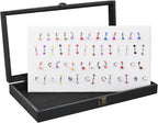 MOOCA Body Jewelry Display Tempered Glass Case with 54 Clips, Black Velvet | Jewelry display case with a tempered-glass lid and 54-clip pad organizes belly rings, tongue rings, and barbells.