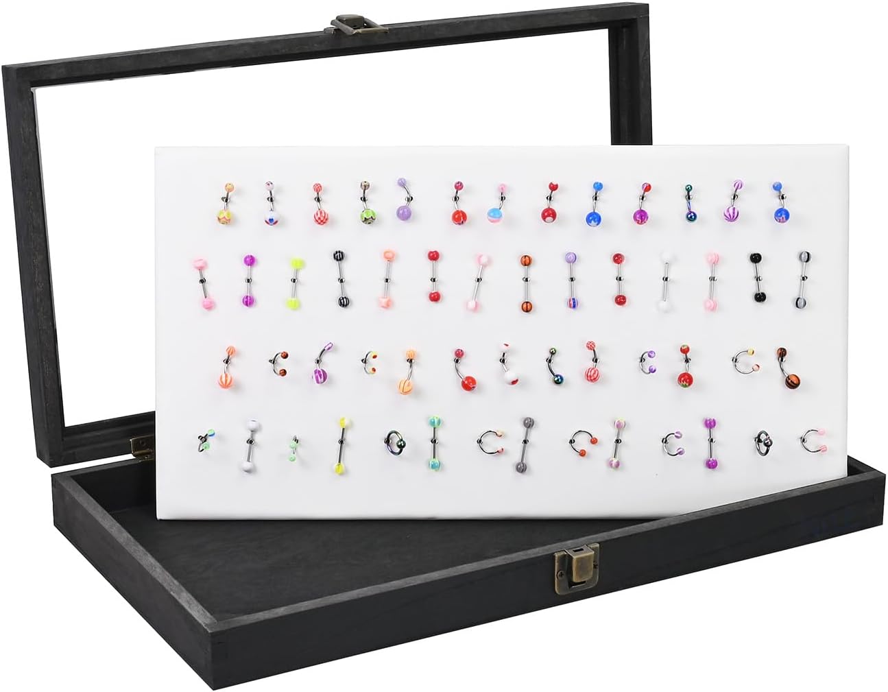 MOOCA Body Jewelry Display Tempered Glass Case with 54 Clips, Black Velvet | Jewelry display case with a tempered-glass lid and 54-clip pad organizes belly rings, tongue rings, and barbells.