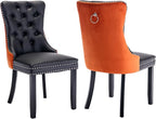 Modern Dining Chairs Set of 2, Tufted Upholstered Dining Chair with Solid Wood Legs, Velvet and Leather Dining Chairs, Sillas de Comedor, Comfy Kitchen Chair (Black+Orange, 2Pcs)