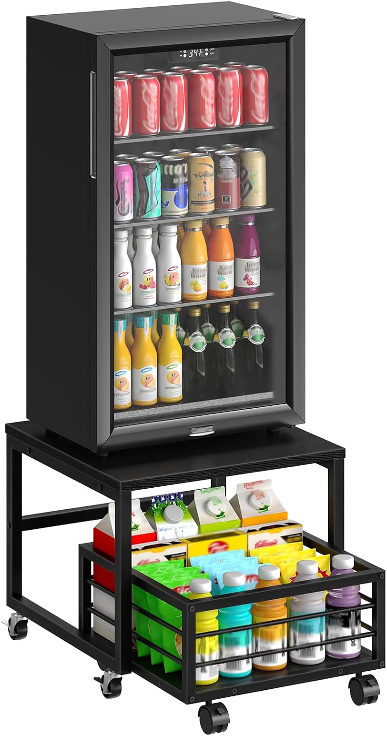 HOOBRO End Table, Mini Fridge Stand with Storage, Mini Fridge Table with Whee...