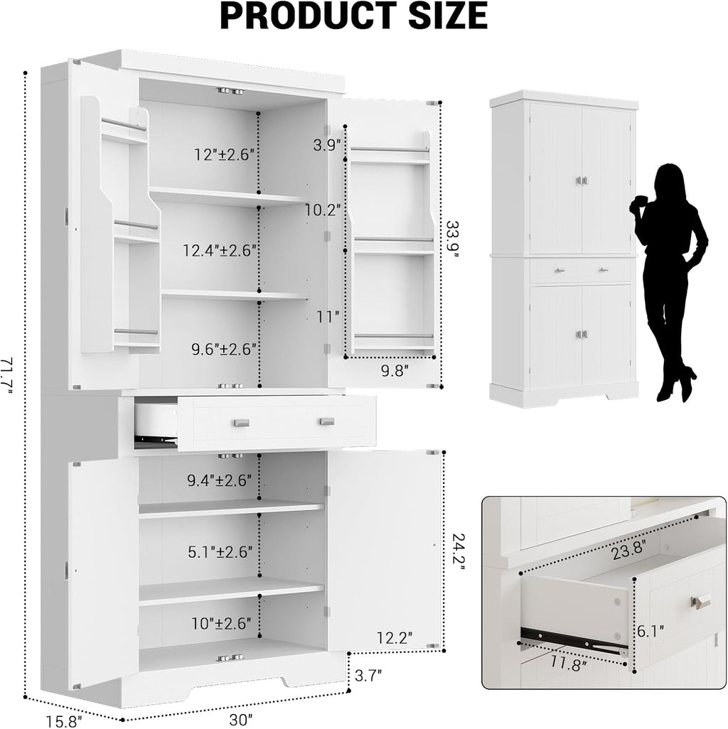 72 Inch Pantry Cabinet, Space-Saving Wood Kitchen Storage Cabinet with Drawer, Door Shelves & Adjustable Shelves, Modern White Cupboard for Dining Room Apartments