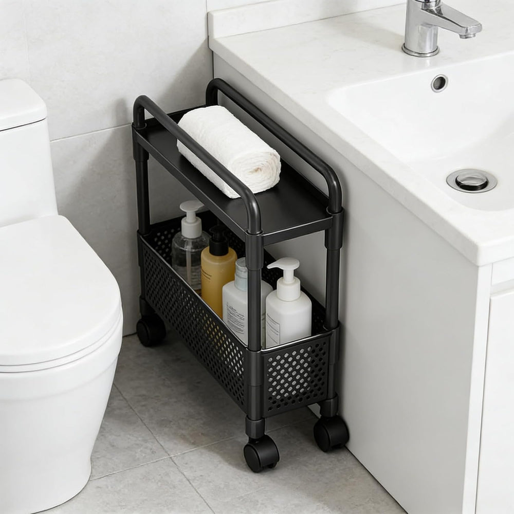 2-Tier Rolling Storage Cart with Wheels, Slim Plastic Organizer Rack for Kitc...