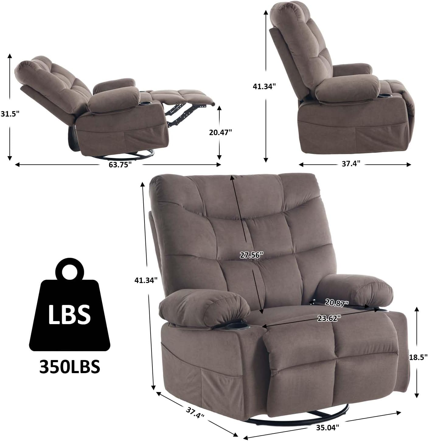 KCQ Overstuffed Swivel Rocker Recliner Chair with Massage and Heat, Fabric Heated Reclining Chairs Manual Recliner with Cup Holder, Nursery Rocking Recliner Glider Chair, Brown
