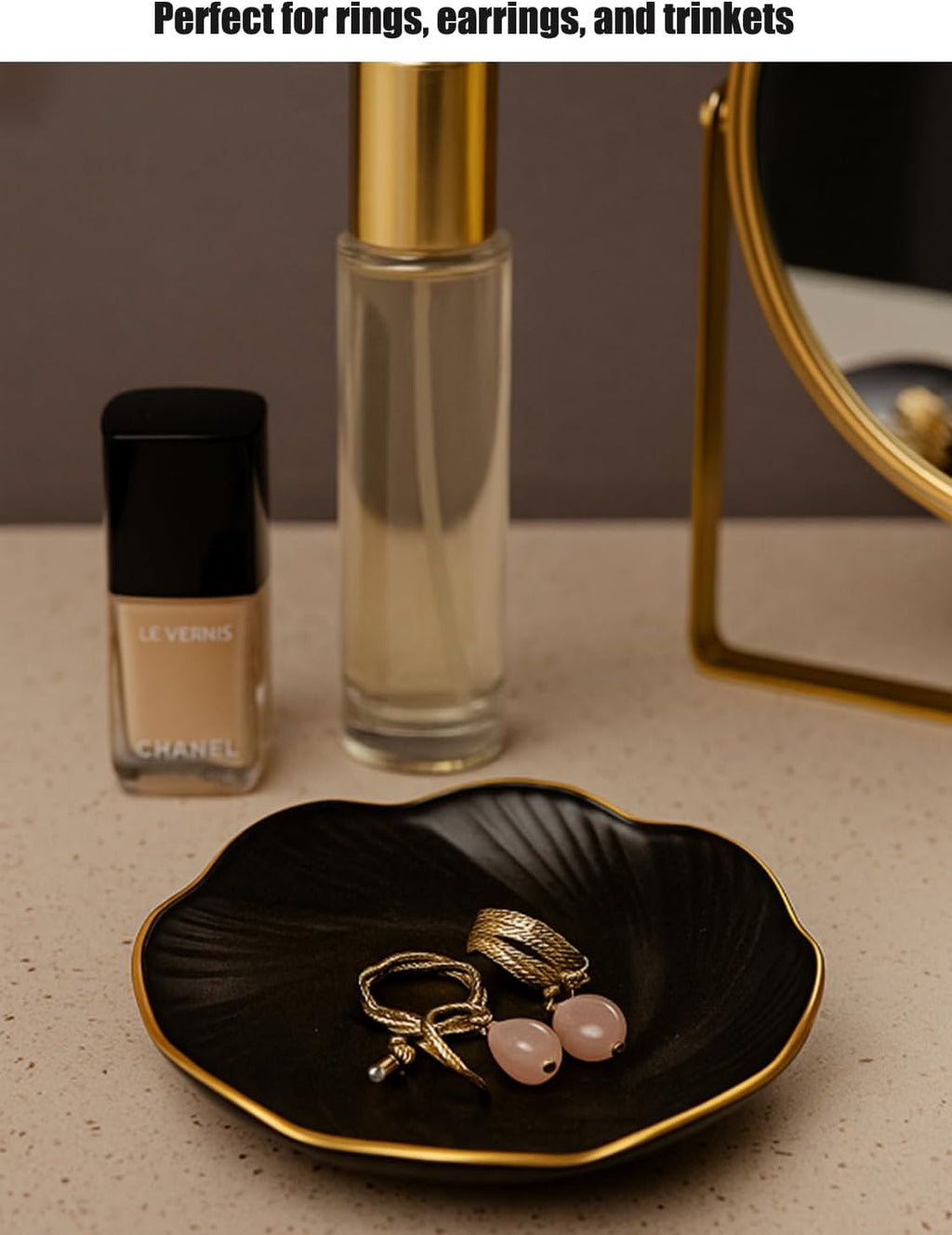 Black Ceramic Jewelry Tray with Gold Edge, 5 Inch Modern Trinket Dish for Rings & Earrings, Minimal Vanity Organizer