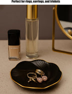 Black Ceramic Jewelry Tray with Gold Edge, 5 Inch Modern Trinket Dish for Rings & Earrings, Minimal Vanity Organizer