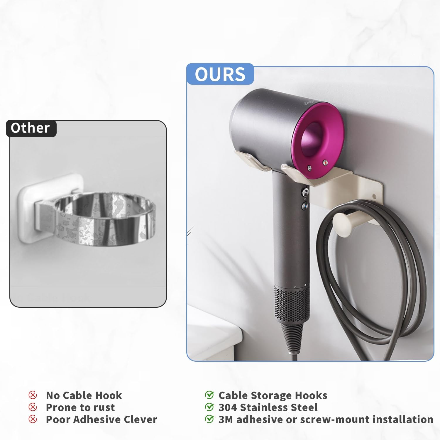 Hair Dryer Holder, Stainless Steel Blow Dryer Holder Self Adhesive, Dyson Hair Dryer Holder Wall Mounted Compatible with Dyson, Hairdryer Holder for Bathroom White PTALSEAW