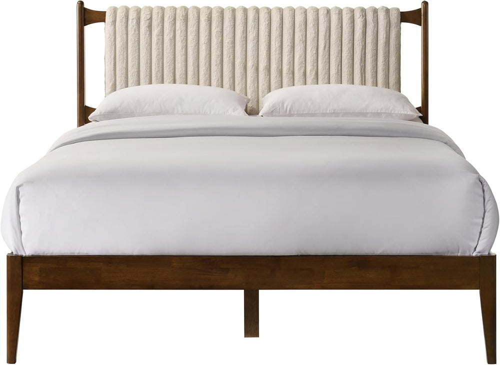 Ella Wooden Platform Bed | Box Spring Not Required | Walnut and Beige, Queen