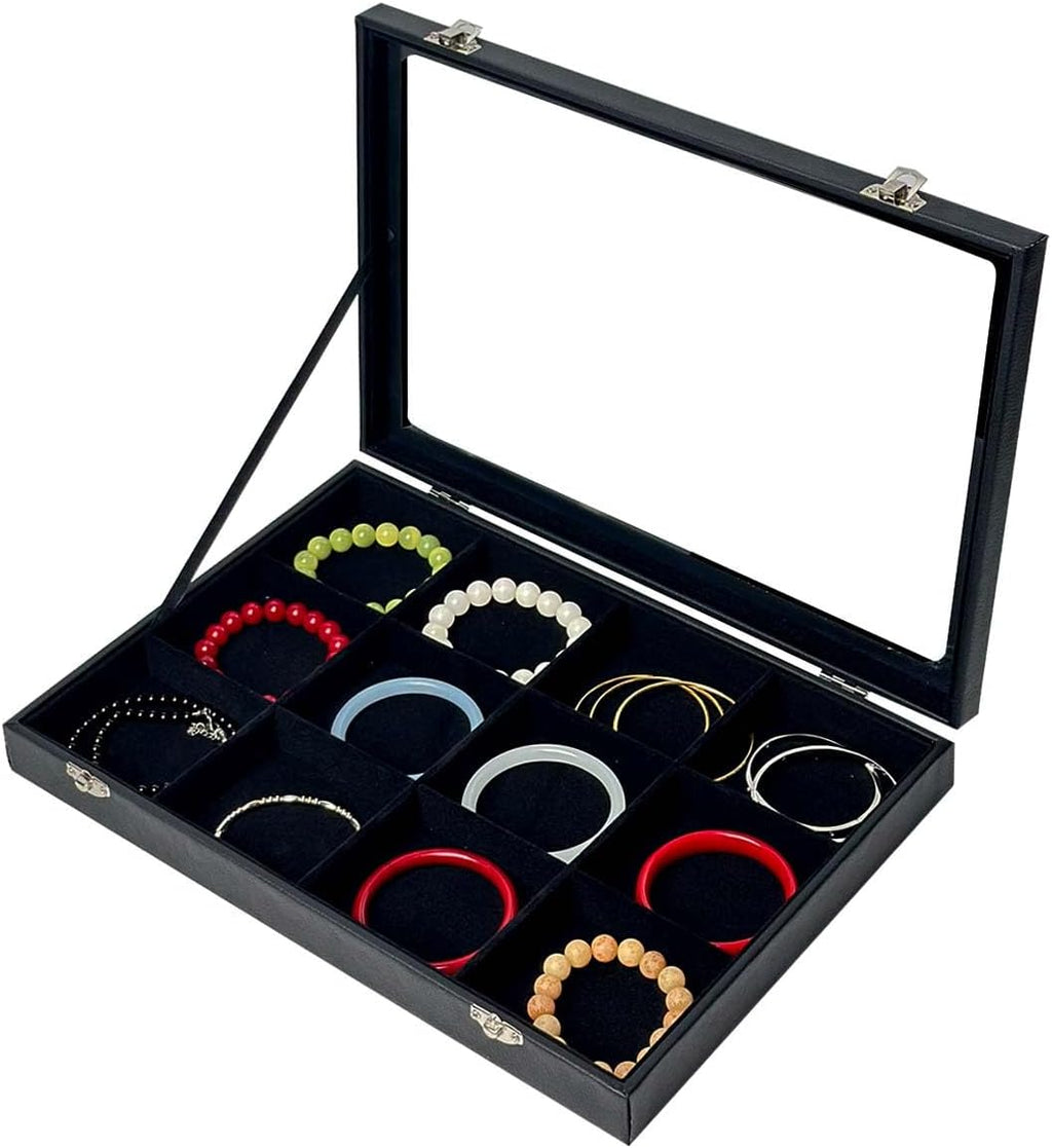 Black 12 Grid Jewelry Organizer Display Box with Transparent lid Bracelets Display Case Bracelet Box with Clasp Bangle Organizer Drawer Insert Bangle Brooch,Gift for Women Girls(12 Grid)