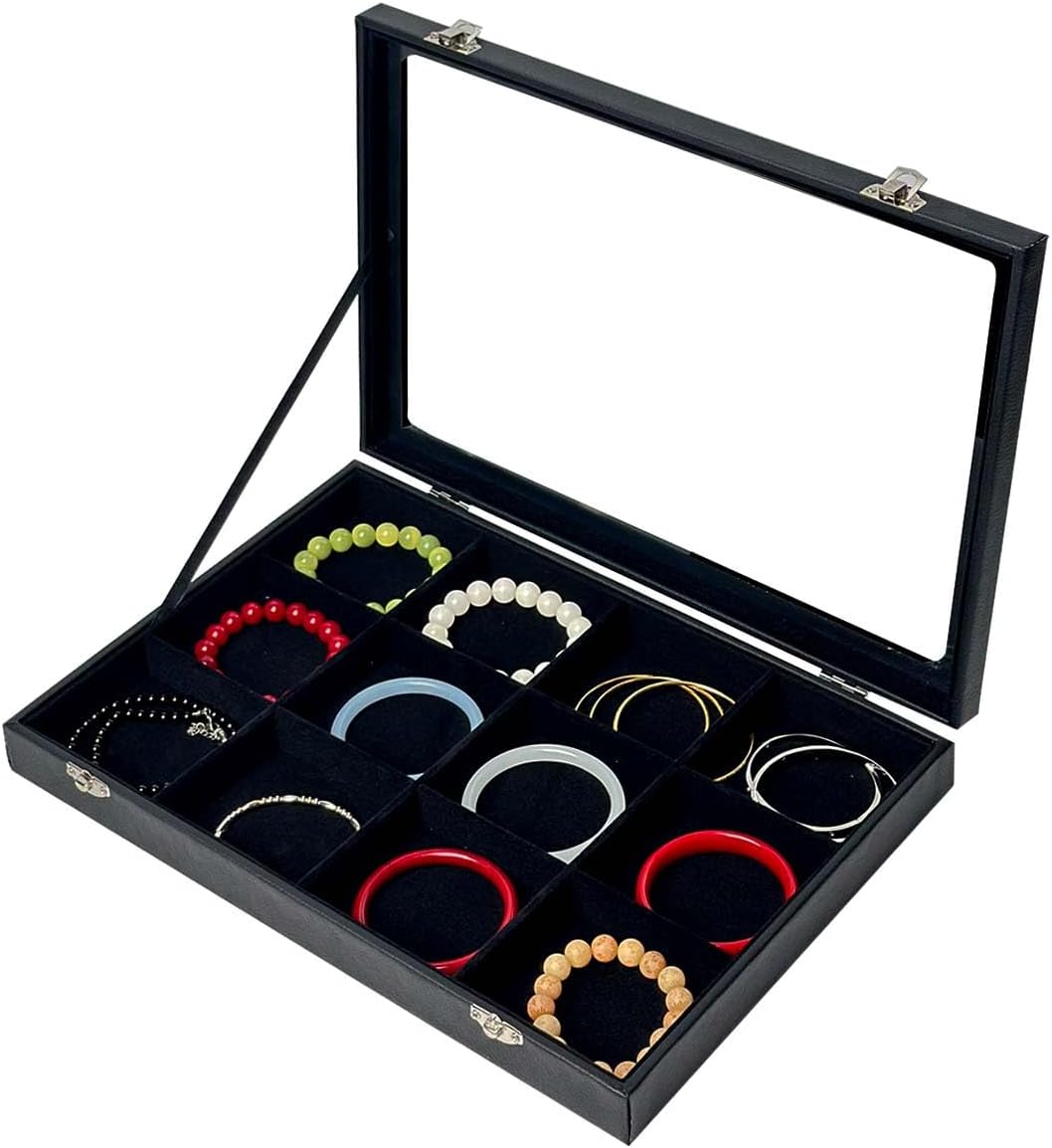 Black 12 Grid Jewelry Organizer Display Box with Transparent lid Bracelets Display Case Bracelet Box with Clasp Bangle Organizer Drawer Insert Bangle Brooch,Gift for Women Girls(12 Grid)