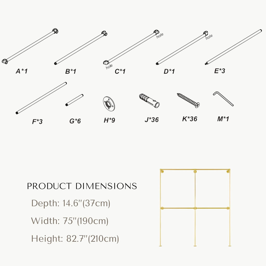 Industrial Pipe Clothing Rack, Heavy Duty Wall Mounted Clothes Rack, Retail Display Hanging Garment Rod for Laundry Rooms Closet Storage, 14.6x75x82.7 Inches, Model K09 Gold