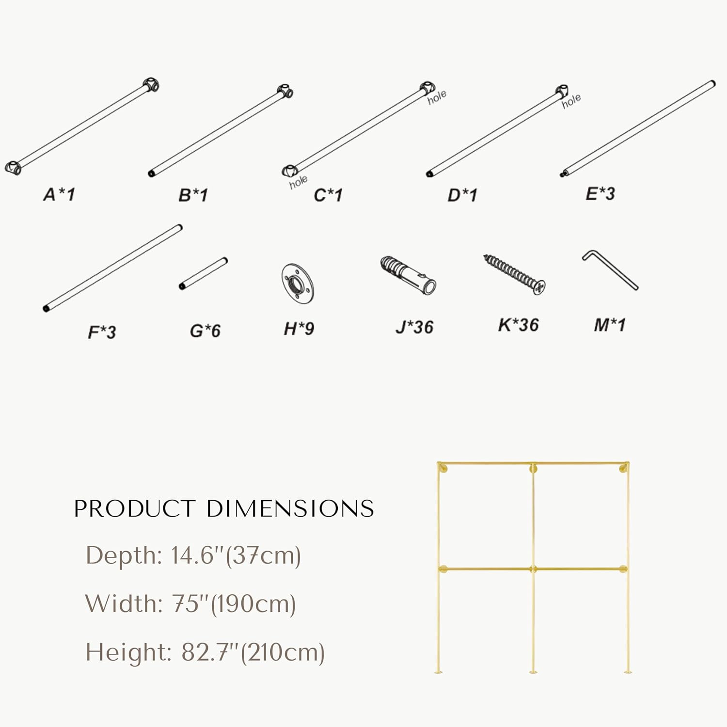 Industrial Pipe Clothing Rack, Heavy Duty Wall Mounted Clothes Rack, Retail Display Hanging Garment Rod for Laundry Rooms Closet Storage, 14.6x75x82.7 Inches, Model K09 Gold