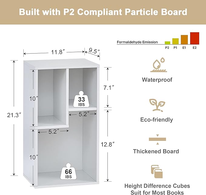 VECELO Small White Bookshelf, 3 Cube Shelf, Fits Tallest Hardcovers, Horizontal Available, Modern Storage Organzier for Small Spaces, Kids, Pearl White