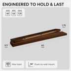 Homeforia Walnut 60 inch Floating Shelf, High End Solid Real Wood 60inch Long Floating Shelf for Wall, Dark Brown Wooden 60in Large Floating Shelves, Heavy Duty Bracket, 60 X 6.5 X 1.75 inch, Set of 2