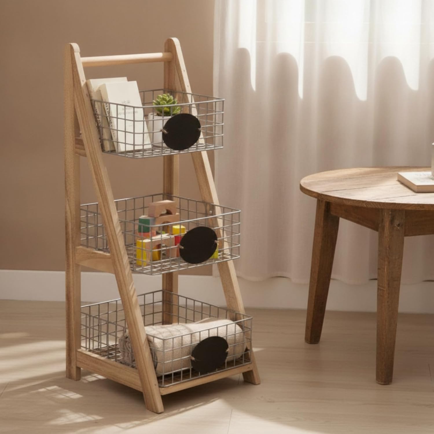 Gralara Ladder Storage Rack with Wire Baskets Shelving Unit Rustic Organizer for Living Room