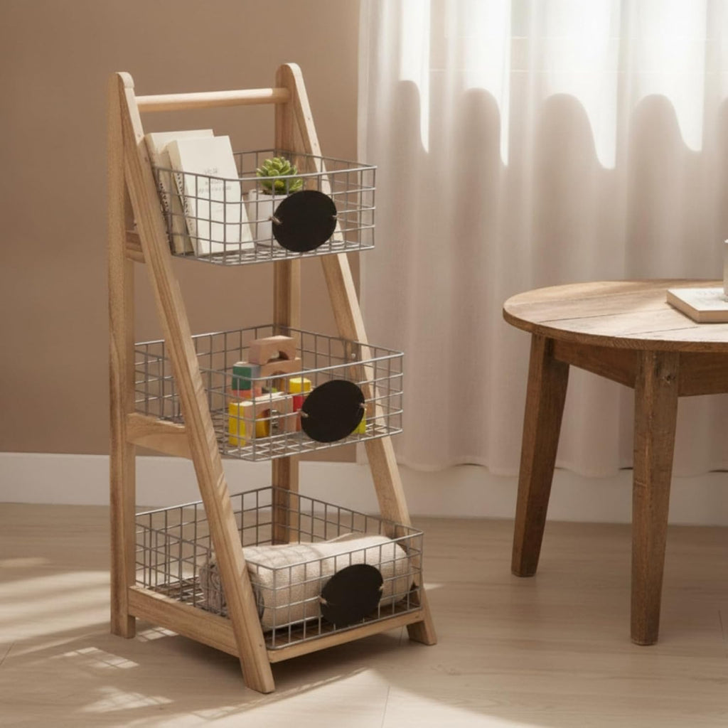 Ladder Storage Rack with Wire Baskets 3 Tiers Basket Stand Multifunctional Storage Rack Stand for Living Room