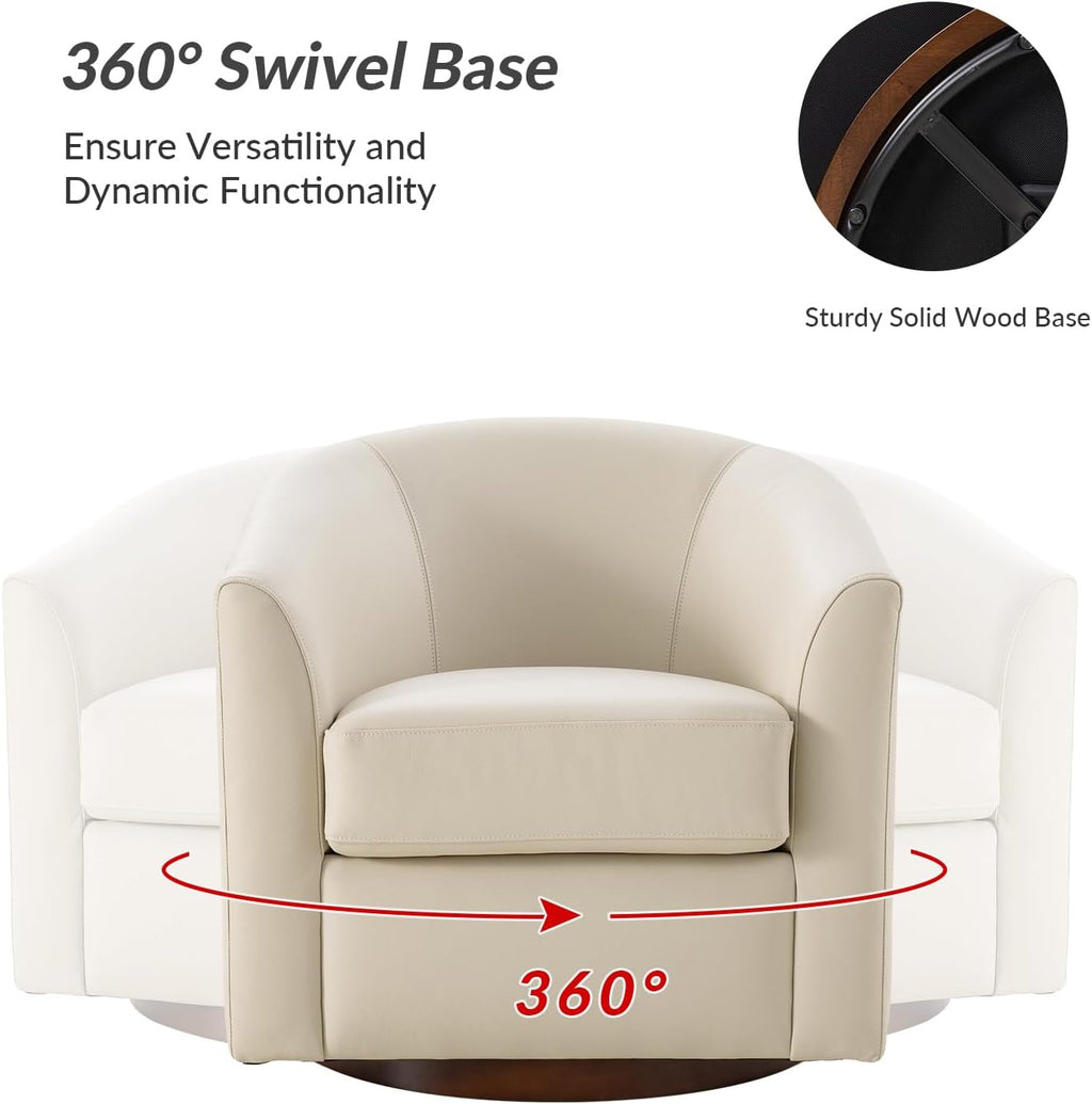 HULALA HOME Genuine Leather Swivel Barrel Chair, Round Swivel Accent Chair with Solid Wood Base, No Assembly Required, Beige
