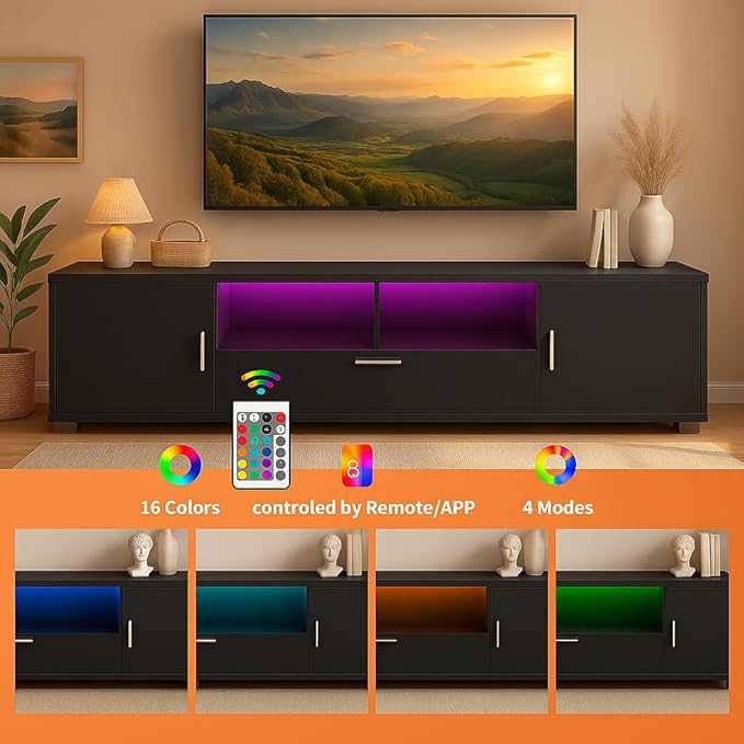 63 Inch Black TV Stand with 16-Color LED Lights, Classic Modern Entertainment Center with Horizontal Drawer & Side Cabinets for TVs up to 75 Inches, Wood Media Console