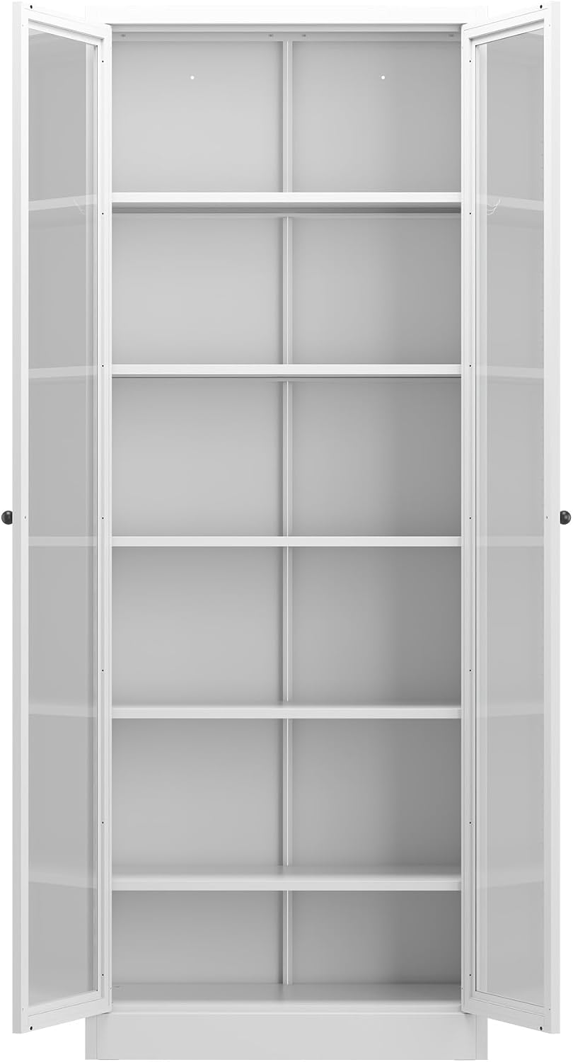 72" Storage Cabinet Metal Kitchen Pantry Cabinet with 2 Glass Doors &amp...