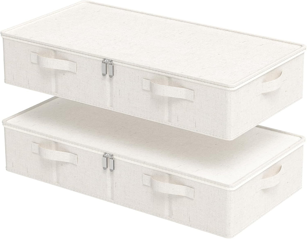 Underbed Storage Bins Compartment, Foldable Under Bed Boxes Organizer, Cube Container with Lid for Organizing Clothes, Sheets, Blankets, Comforter, 31.4x15.7x5.9in, Beige, 2 Pack