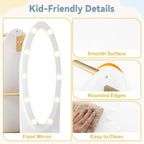 Olakids Kids Dress Up Storage with Mirror, Wooden Costume Wardrobe Closet with LED Lights Rack Storage Shelves 3 Hooks for Bedroom (Natural)