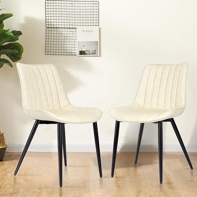 Faux Leather Dining Chairs Set of 2 Mid Century Modern Leisure Upholstered Chair with Metal Legs for Kitchen Living Room Beige