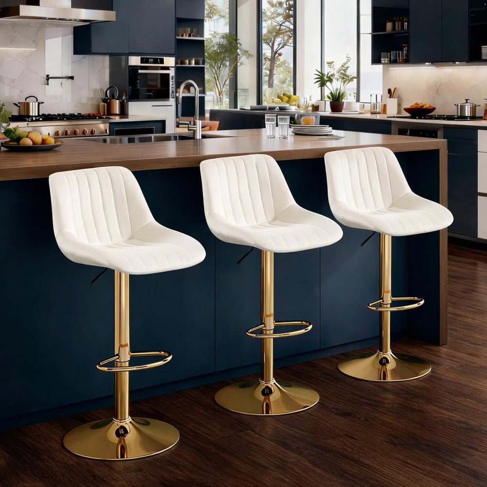 Barstools Set of 3, Golden-Cream, Adjustable Swivel Bar Stools | With Back, A...
