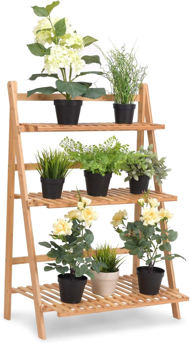 Casart Bamboo Ladder Stand Shelf, Foldable Multifunctional Flower Display Rack, 3-Tier Storage Rack for Home and Office