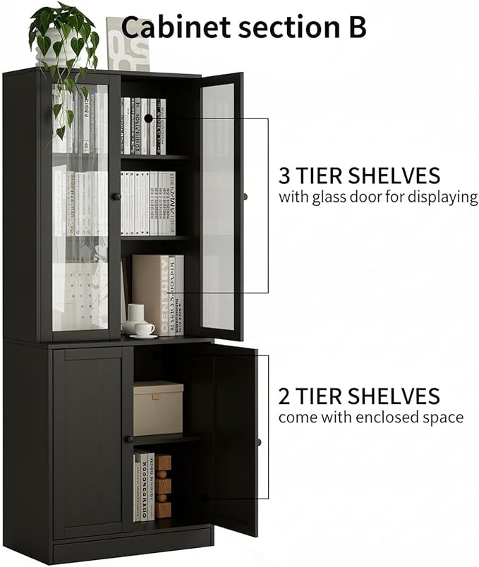 TUSY 71" TV Stand Storage Set - 2 Tall Bookcases & 2 Side Cabinets, Media Console with Glass & Wood Doors, Entertainment Center with Drawers, Tall Media Console for Living Room (Black, AEEA)