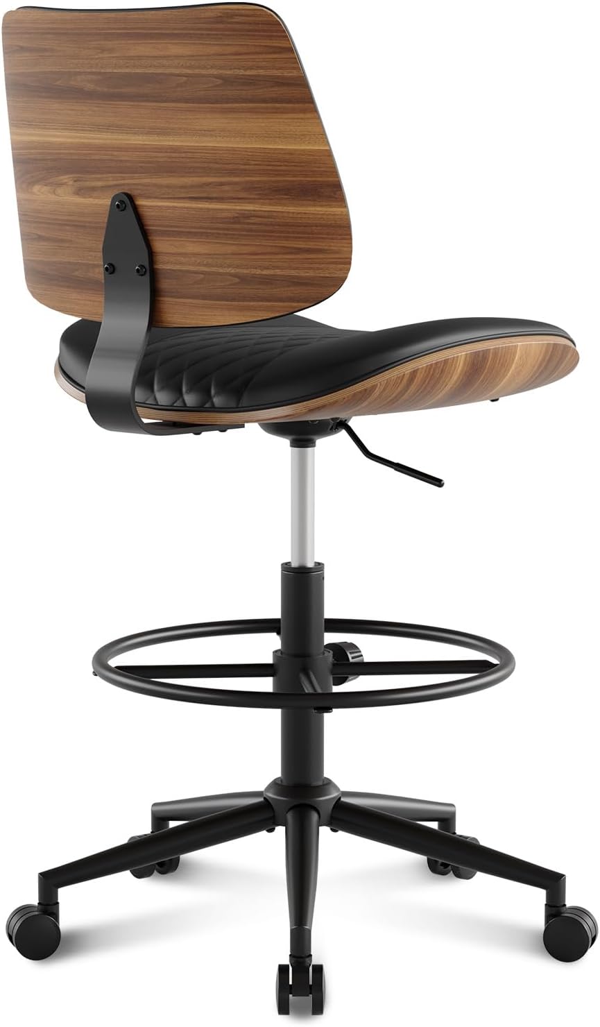 Drafting Chair with Adjustable Footrest, Armless Modern Tall Office Chair for Standing Desk, PU Leather Swivel Stool in Curved Bentwood Style, Ergonomic Rolling Walnut Chair for Office(Black)