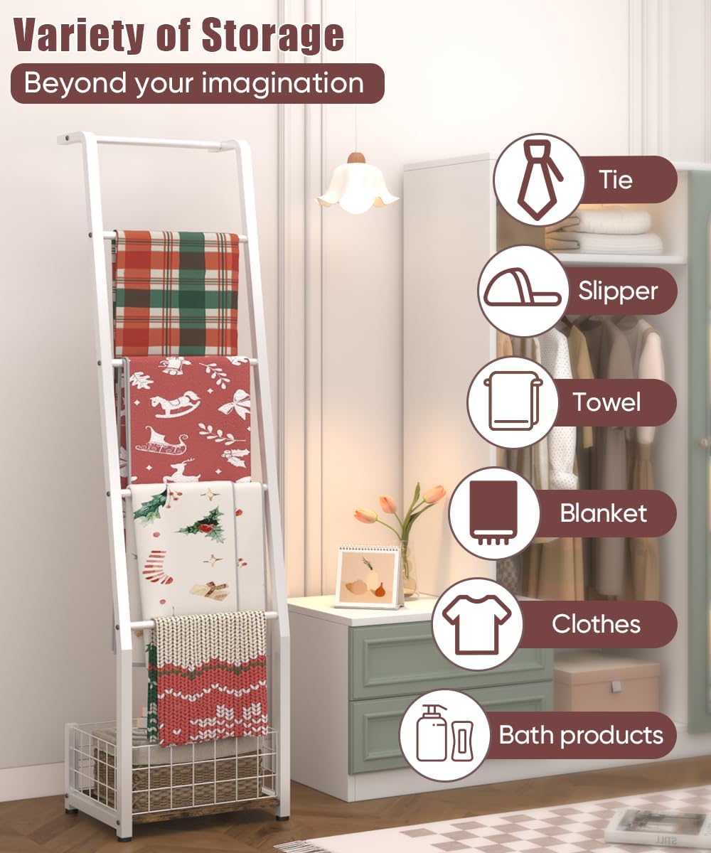 6.3ft Blanket Ladder with Storage Basket, 5 Tier Decorative Ladder Shelf Stand for Living Room & Bedroom, Wall-Leaning Blanket Holder Quilt Rack for Home Décor, Rustic Brown & White