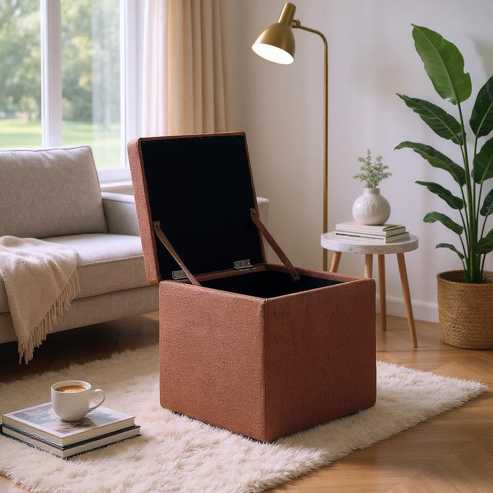 Brown Linen-Textured Ottoman with Storage, 42×42×44 cm Square Foot Rest Stool...