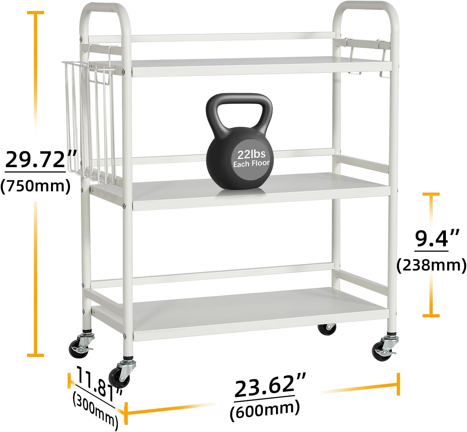 HDANI 3 Tier Metal Rolling Utility Cart,High Capacity Multi Purpose Heavy Duty Cart for Office,Kitchen,Living Room,Bedroom,White