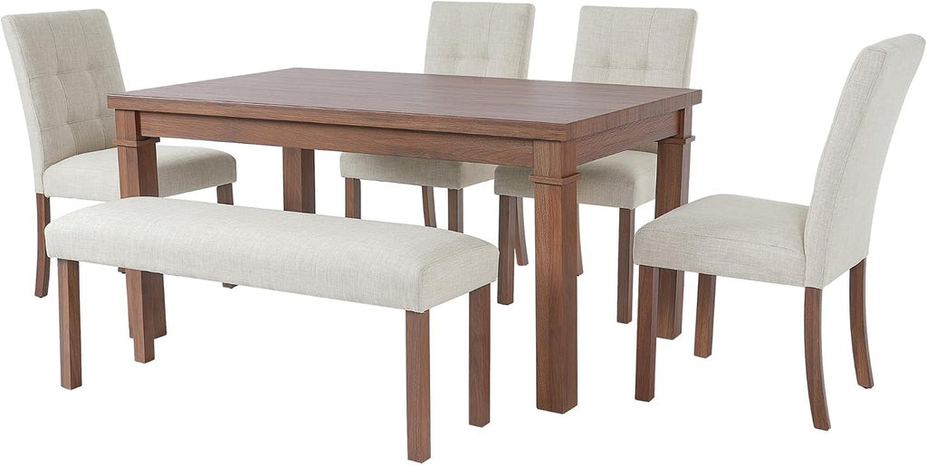 Merax 6-Piece Dining Set, Rectangle Kitchen Table with 4 Upholstered Chairs & Bench, Ideal for Dining Room and Living Room, Walnut