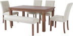 Merax 6-Piece Dining Set, Rectangle Kitchen Table with 4 Upholstered Chairs & Bench, Ideal for Dining Room and Living Room, Walnut