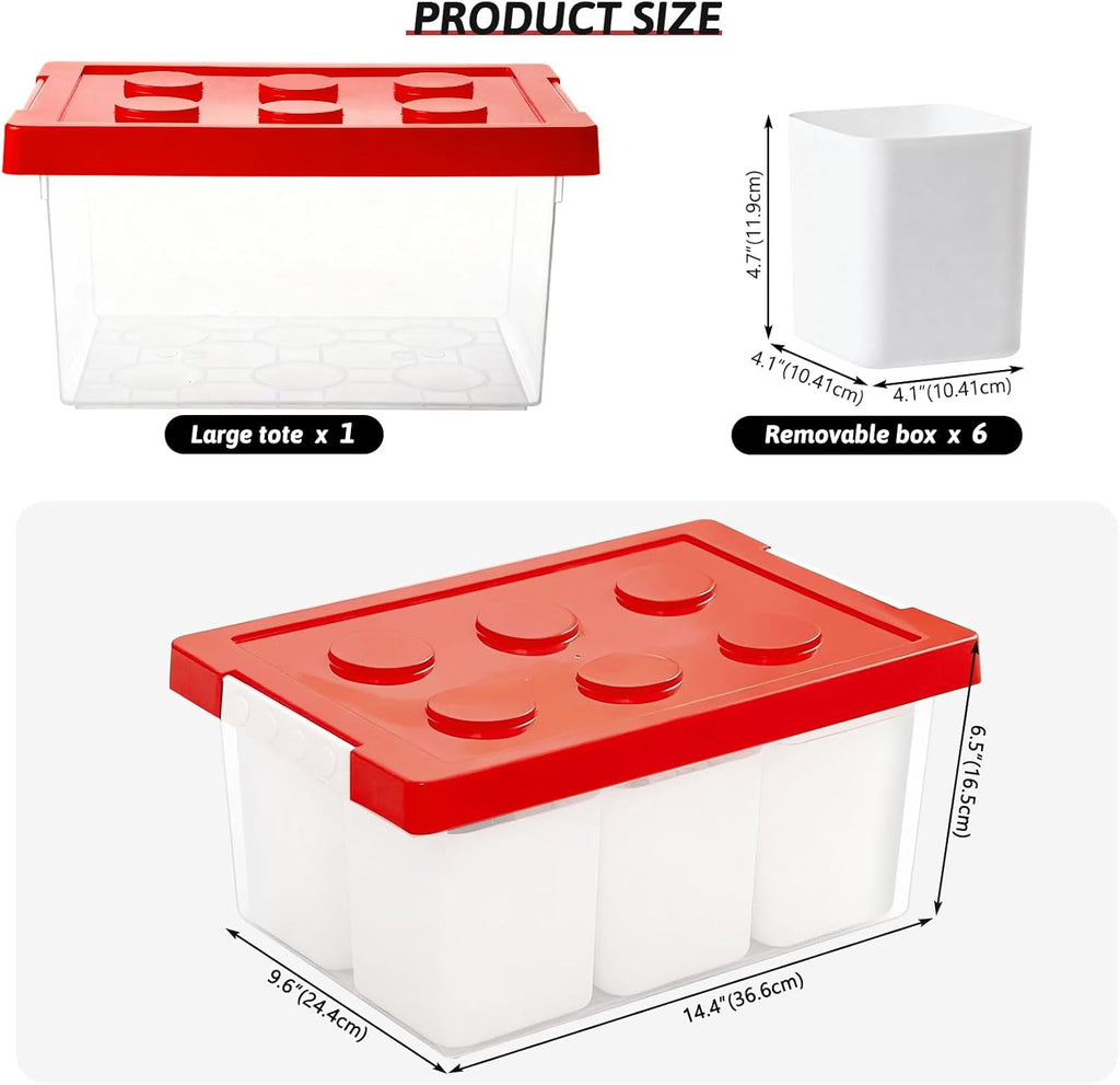 loobuu Plastic Storage Bins with Lids, Art Craft Supply Organizer Box with Brush Pot, Multipurpose Stackable Storage Containers for Organizing Tool, Craft, Crayon,Sewing (Red)
