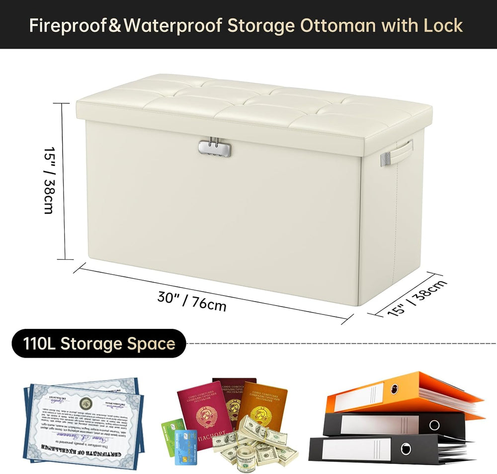 DocSafe Storage Ottoman Bench with Lock,Fireproof 30 Inches Folding Bench Foo...