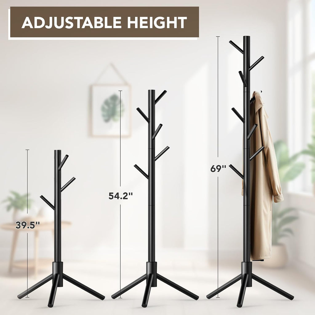 Hupmad Wooden Tree Coat Rack Stand,Sturdy Freestanding Coat Rack with 8 Hooks,3 Adjustable Height for Child Adult,Wood Coat Stand Tree Fits Entryway Bedroom Office for Bags,Hats