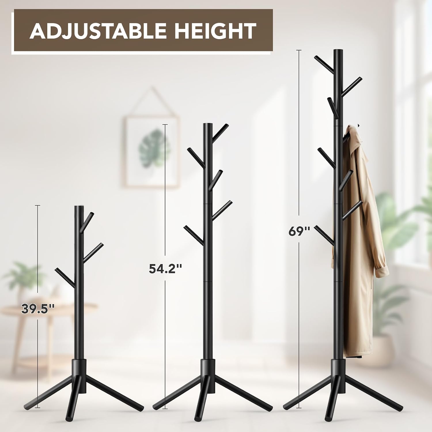 Hupmad Wooden Tree Coat Rack Stand,Sturdy Freestanding Coat Rack with 8 Hooks,3 Adjustable Height for Child Adult,Wood Coat Stand Tree Fits Entryway Bedroom Office for Bags,Hats