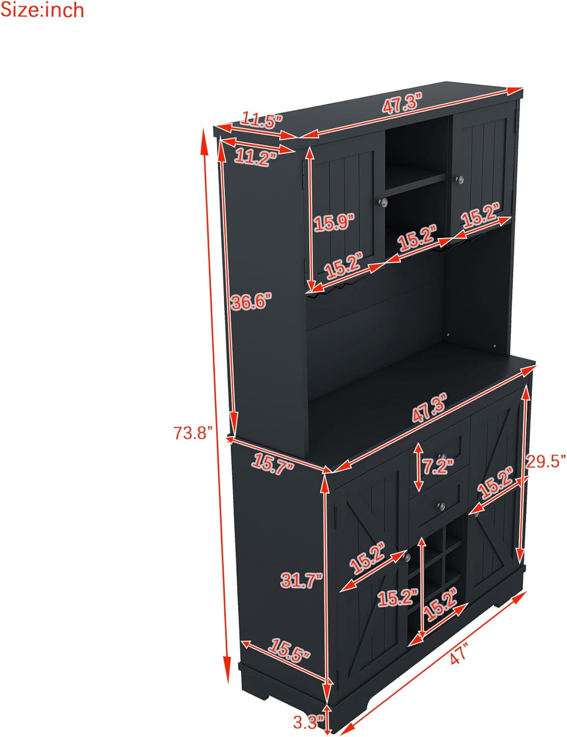 Coffee Bar Cabinet with Storage, 9-Grid Wine Rack & Drawers, Farmhouse Kitchen Buffet with Glass Hooks for Dining Room, Living Room, Kitchen (Blue, 73")