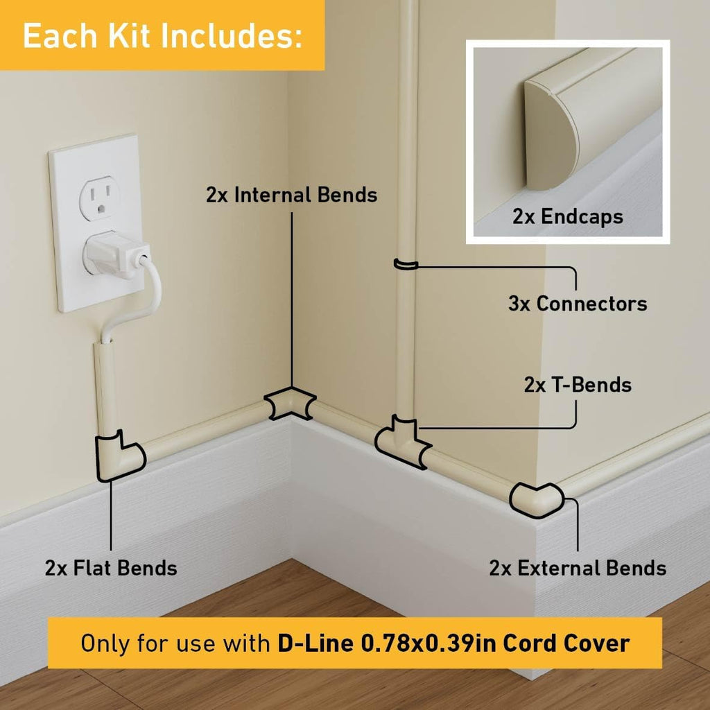 D-Line Small Cable Raceway Accessory Pack, Join 0.78in x 0.39in Cord Cover Lengths, 13 Accessories Included, Hide Cords Around a Variety of Angles - Beige